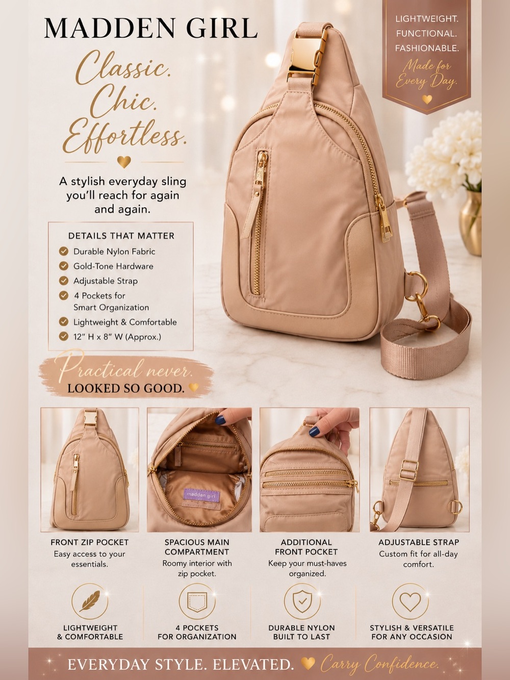 Madden Girl Blush Nylon Crossbody Sling with Gold-Tone Hardware